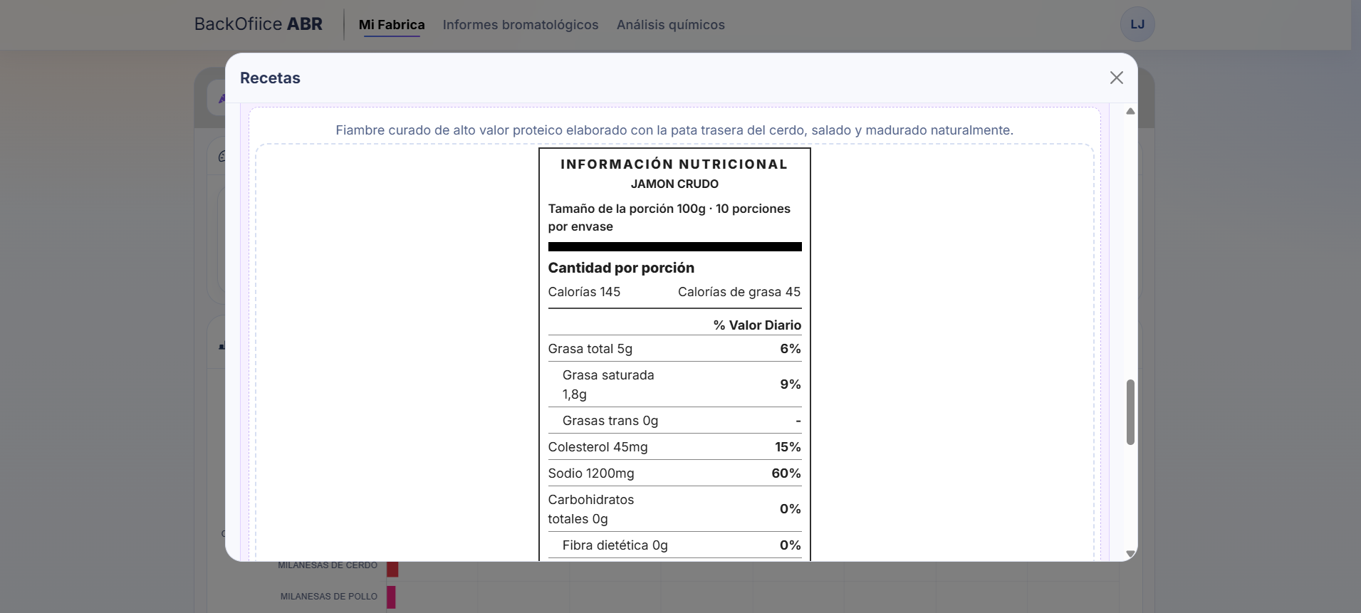 Tabla de información nutricional generada en BackOffice ABR